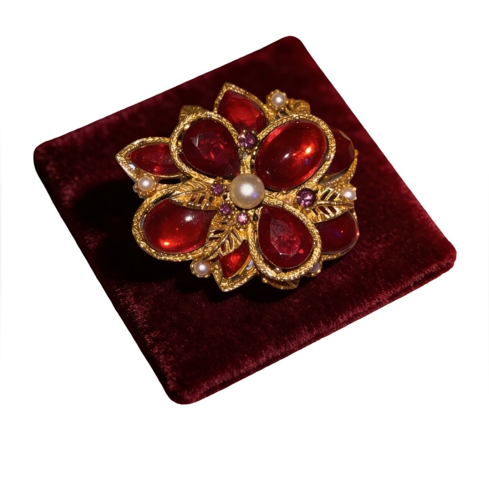 Vintage Rare Art Gold Tone Singed Arthur Pepper Brooch Red Glass Faux Pearl 2"